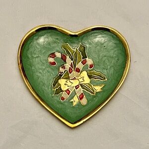 Solid Brass Enameled Trinket Dish, Candy Cane Holly, Christmas, Holiday EUC VTG